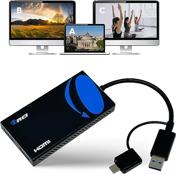 OREI SplitExtend HDMI Splitter Extended Display for Dual Monitor - Multi-Monitor Display 3 Separate Screens - USB A & USB-C Adapter to HDMI 2.0, 4K@30Hz Output 1, 1080p Output 2 for Windows, Mac OS G