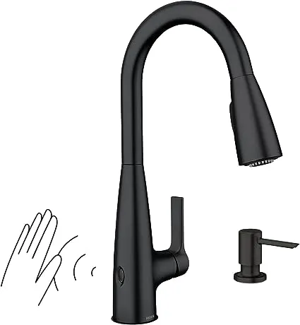 Moen Haelyn Matte Black Single-Handle Pull-Down Sprayer Kitchen Faucet Featuring Power Boost for a Faster Clean, Soap Dispenser Included, 87627BL