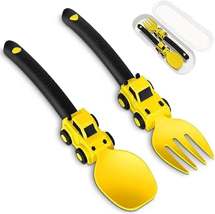 Construction Toddler Utensils - Toddler Forks and Spoons - Kids Spoon and Fork Set - Suitable for Kids Utensils - Baby Utensils, Portable Utensils Set for 1 2 3 4 5 year old Toddlers - Yellow