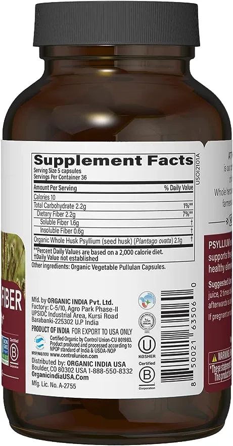 Organic India, Organic Psyllium Fiber, 180 Veg Caps