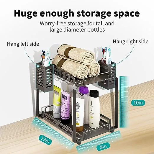 junyuan Large Bathroom Organizer Countertop,2 Tiered Bathroom Organizer Shelves with Toothbrush Holders,Bathroom Counter Storage Rack with Basket and Hooks Metal Blackjunyuan Large Bathroom Organizer Countertop,2 Tiered Bathroom Organizer Shelves with To