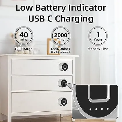 Fingerprint Cabinet Lock, Pothunder Smart Lock with Bluetooth & Fingerprint, Keyless Drawer Furniture Lock, USB Charging Fingerprint Lock, Ideal for