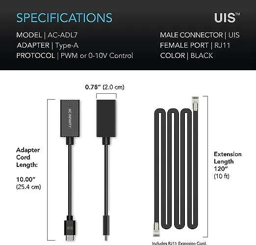 AC Infinity UIS Lighting Adapter Type-A for RJ11/12 Connector Lights with PWM or 0-10V Dimmers