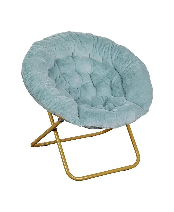 EMMA + OLIVER Ersa 38" Oversize Portable Faux Fur Folding Saucer Moon Chair for Dorm and Bedroom, Ivory Sherpa/Soft Gold Frame