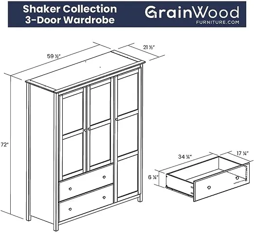 Grain Wood Furniture Shaker 3-Door Wardrobe, WalnutGrain Wood Furniture Shaker 3-Door Wardrobe, Walnut