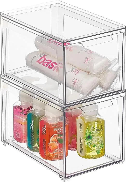 mDesign Plastic Stackable Bathroom Storage Organizer Bin with Pull Out Drawer for Cabinet, Vanity, Shelf, Cupboard, Cabinet, or Closet Organization - Lumiere Collection - 2 Pack - (Clear, 8 x 12 x 4)