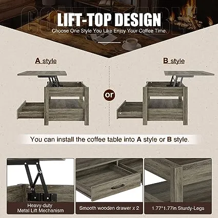 Rolanstar Coffee Table with Drawers and Hidden Compartment, Retro Central Table with Wooden Lift Tabletop, for Living Room,Washe