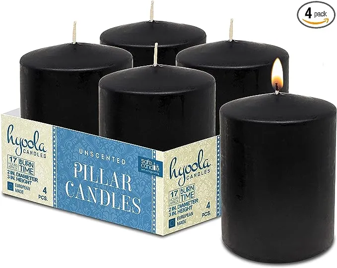 Hyoola Black Pillar Candles 2x3 Inch - 4 Pack Unscented Pillar Candles - European Made