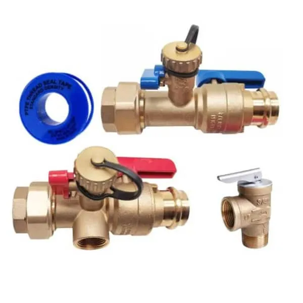 3/4 inch Press Tankless water heater isolation service valve kit with pressure relief valve, clean brass FEMALE THREADED X PRESS, 3/4" Service Installation Valve for Rheem, Rinnai, Takagi, EcoSmart