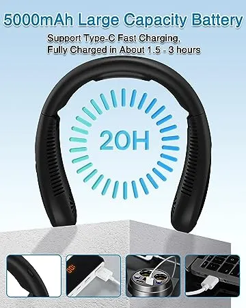 GAITIR Neck Fan Air Conditioner, 5000mAh Portable Neck Fan with Semiconductor Cooling Airflow Bladeless USB Neck Fans Portable Rechargeable with 3 Speeds,