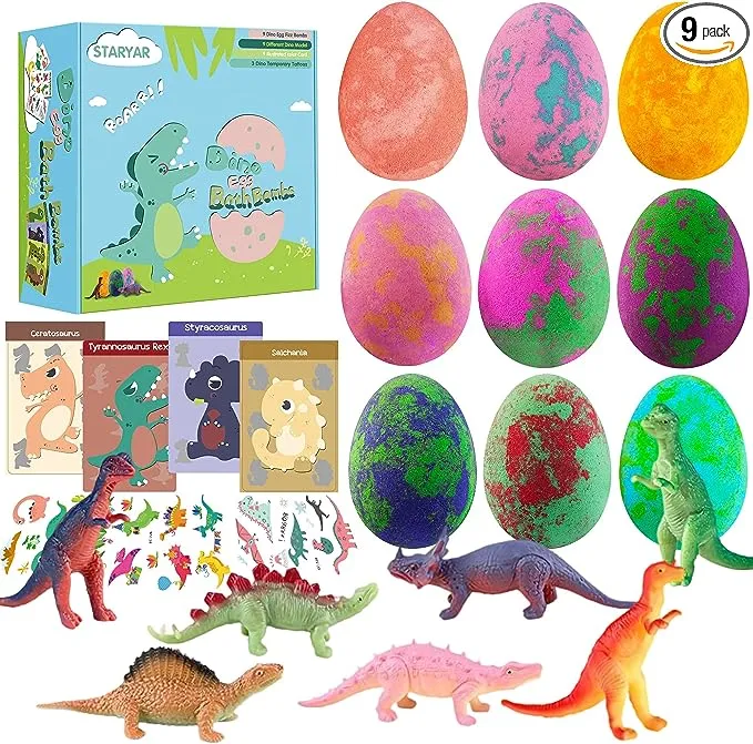 Bath Bombs for Kids with Surprise Toys Inside - 9 Pack Organic Dinosaur Bath Bombs Gift Set, Bubble Bath Fizzes, Dinosaur Toys for Kids 3 4 5 6 7 8 9 Years, Christmas Gifts, Stocking Stuffers for Kids