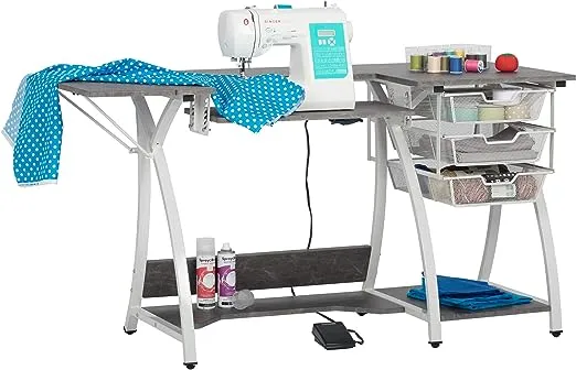 Sew Ready Pro Stitch Sewing Machine Table with Wire Mesh Drawers, Desk for Hobby, Craft Table and Computer Desk, Home Office in White /Cement Gray , 56.75" WSew Ready Pro Stitch Sewing Machine Table with Wire Me…