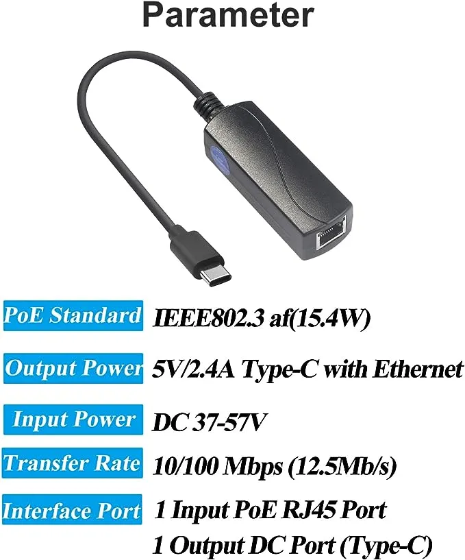 PoE to Type-C Adapter Converter IEEE802.3af with 10/100Mbps Wired Broadband Charging Converter for Smartphones Tablets(Straight TYPEC)