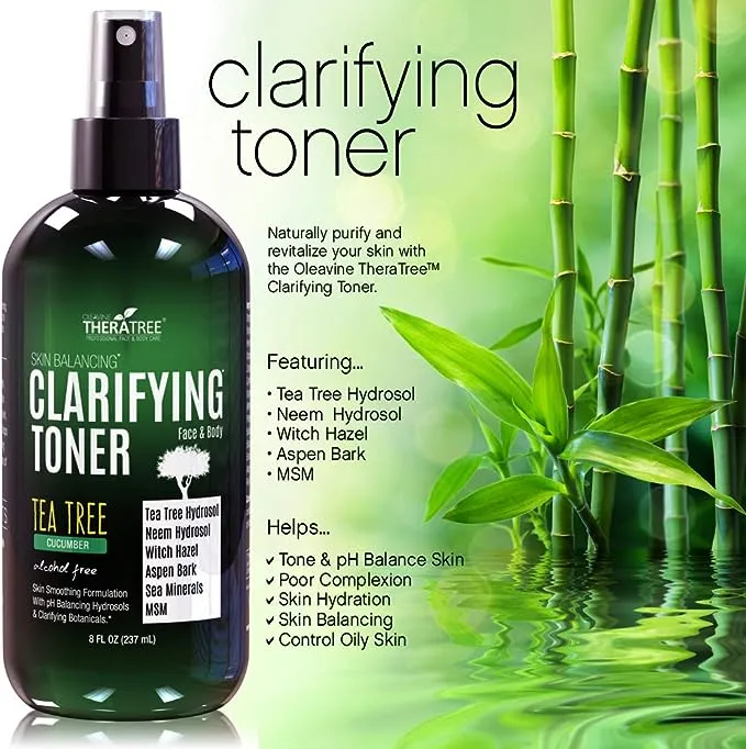 Clarifying Toner with MSM, Tea Tree & Neem Hydrosol, Complexion Control for Face & Body – Helps Reduce Appearance of Pore Size, Controls Oil to Tone, Balance & Hydrate Skin - 8 oz