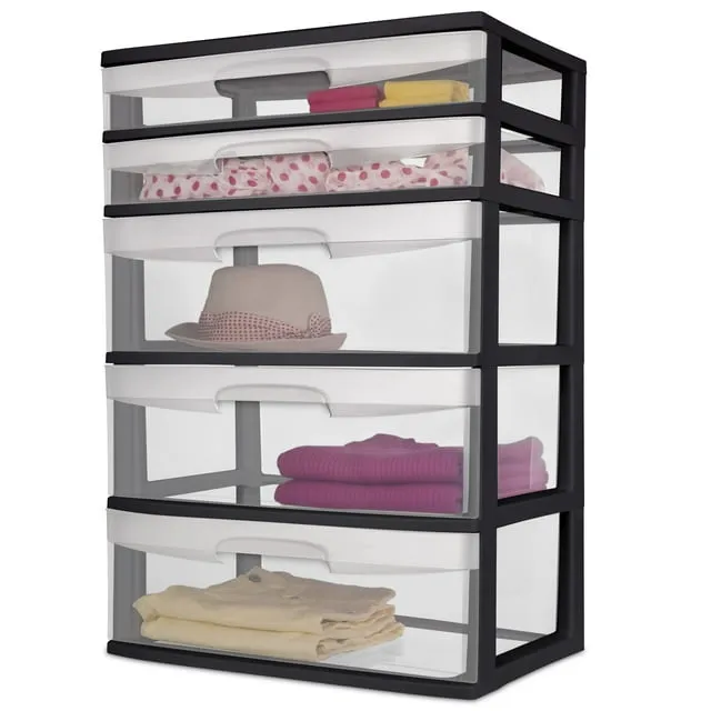 Plastic 5-Drawer Wide Tower, Black - Space-Saving Storage Solution