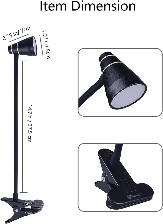 LED Clip Desk Lamp, Headboard Light with Strong Clamp, Bed Reading Light with 3000k-6500K Adjustable Color Temperature Options for Brighter Illumination (Black)