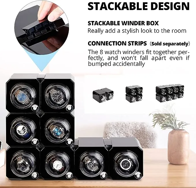 Single Watch Winder for Automatic Watches, Watch Winder in Black Shell with High-Gloss Lacquer, Stackable, Upgraded Soft Adjustable Pillows, Japanese Quiet Motor, Battery Powered or USB Charge