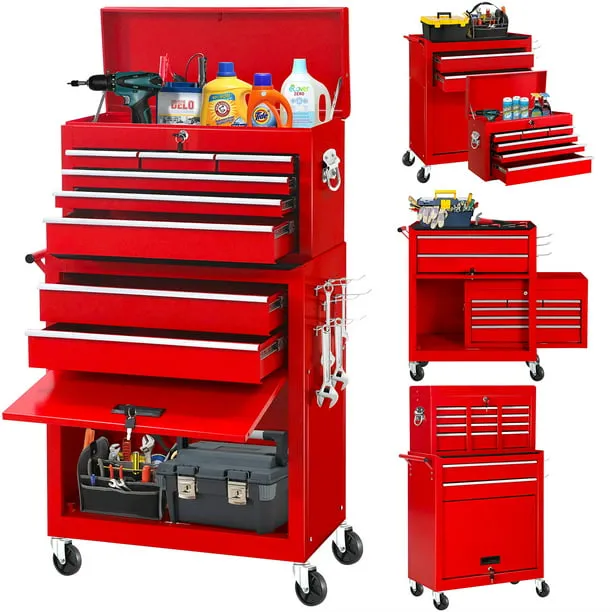 Aukfa Rolling Tool Box, 8-Drawer Steel Tool Chest & Cabinet for Workshop Garage, Metal, Red