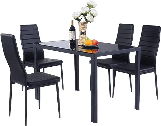 Costway 5 Piece Dining Set Table and 4 Chairs Glass Metal Kitchen Breakfast Furniture