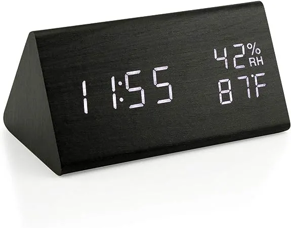 OCT17 Wooden Wood Clock, New Version LED Alarm Digital Desk Clock Adjustable Brightness, Alarm Time, Displays Time Date Temperature - Black