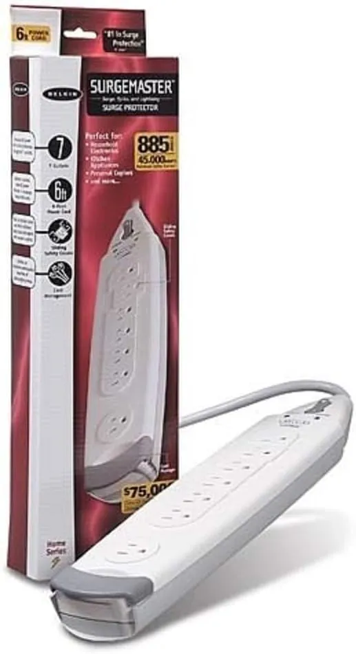 Belkin F9H700-06 7-Outlet SurgeMaster Home Series Power Strip Surge Protector with 6-Foot Power Cord, 785 Joules, White