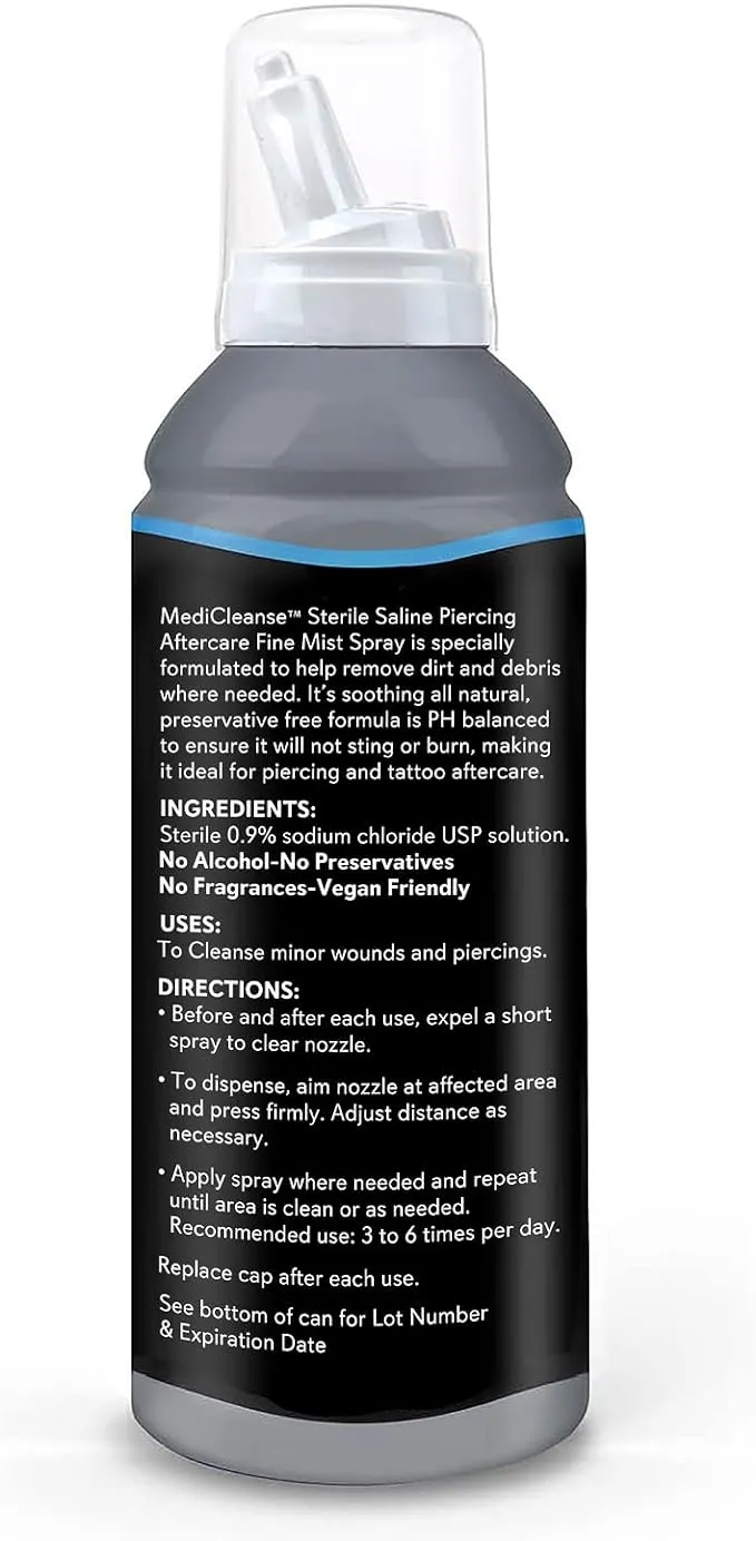 Sterile Saline Piercing Aftercare Fine Mist Spray, 7.5 Ounce, All Natural, No Alcohol, Vegan Friendly, for Piercings and Tattoos, Made in USA