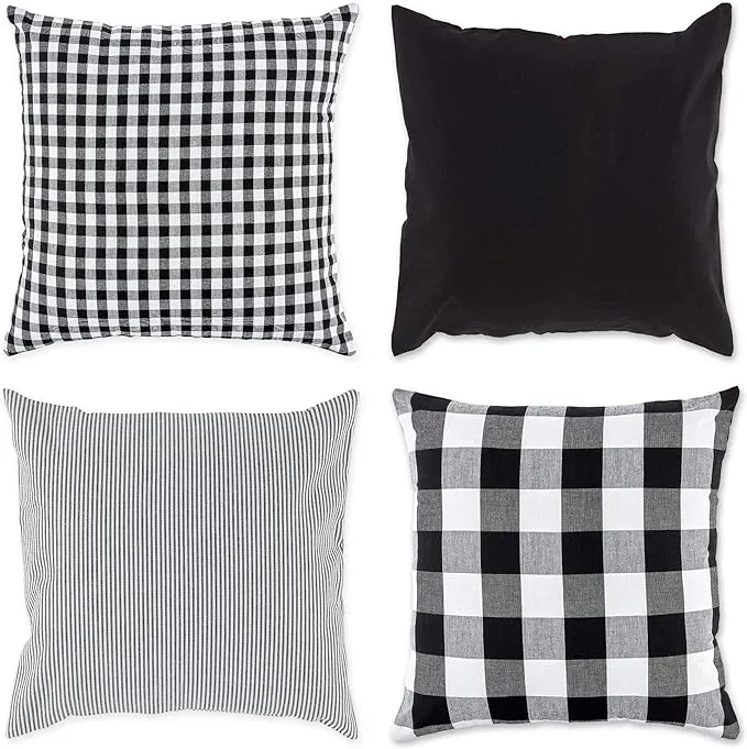 DII Decorative Square Throw Pillow Cover Collection Cotton, Machine Washable, Hidden Zipper, 18x18, Gray Gingham, 4 Piece