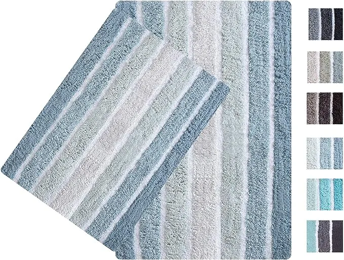 Ramanta Home Alpine Stripe Pure Cotton Bathroom Rug 2 Piece Set - Blue, Anti Slip Soft Absorbent Bathroom Mat Set for Bathroom, Kitchen, Washroom, Machine Washable - 21x32 & 17x24 Inch