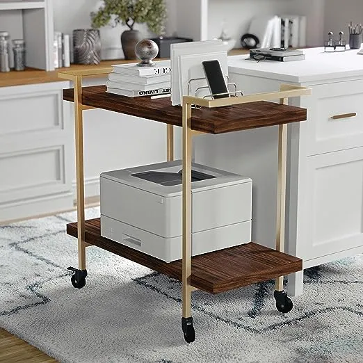 Martha Stewart Mobile 2 Tier Home Office Printer Cart with Side Storage - Walnut/Polished Brass