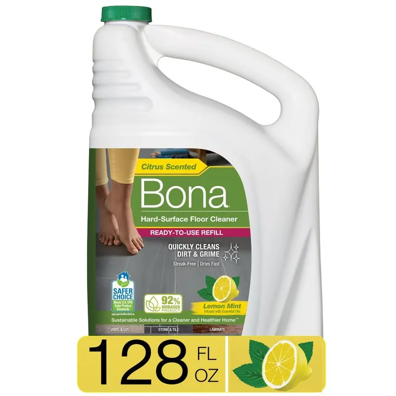 Bona Floor Cleaner, Hard-Surface, Lemon Mint, Citrus Scent, Ready-to-Use Refill - 128 fl oz