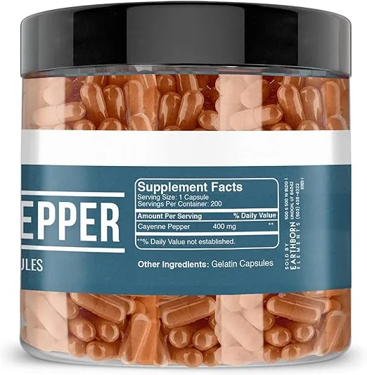 Earthborn Elements Cayenne Pepper 200 Capsules, Pure & Undiluted, No Additives