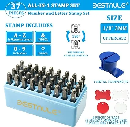 BESTNULE Metal Stamping Kit, Number and Letter Stamp Set (A-Z, 0-9 and &, Love Symbol), Industrial Grade Hardened Carbon Steel, Perfect for Imprinting Metal, Wood, Plastic, Leather (1/8", 3MM)