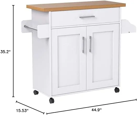 Hodedah Kitchen Island with Spice Rack, Towel Rack & Drawer, White with Beech Top, 15.5 x 35.5-44.9 x 35.2 inches