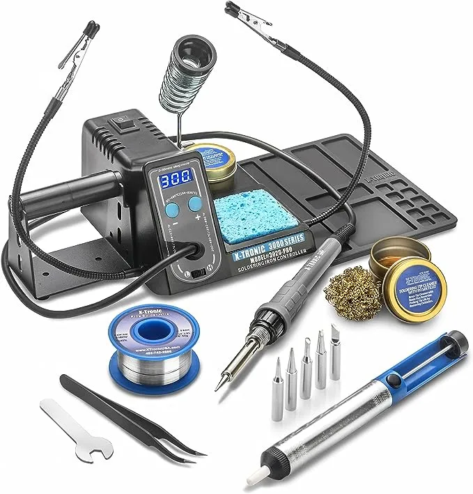 X-Tronic 3020-PRO • 75W Soldering Iron Station • C/F, Calibration, Sleep Features • 2 Helping Hands • Silicone Tool Mat • 5 Extra Tips • Roll of Solder • Tweezers • Solder Sucker • Brass Sponge/Flux!