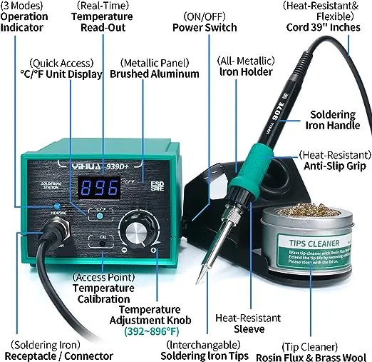 YIHUA 939D+ Digital Soldering Station, 75W Equivalent with Precision Heat Control (392°F to 896°F) and Built-in Transformer. ESD Safe, Lead Free with °C/°F display (Green)