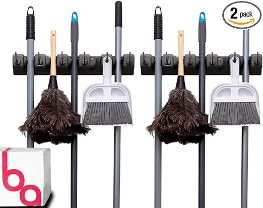 Berry Ave Broom Holder & Wall Mount Garden Tool Organizer- Kitchen, Closet, Garage & Laundry Room Storage w/ 5 Slots & 6 Hooks- Wall Holder For Broom, Rake & Mop Handles Up To 1.25” [Black, 2 Pack]