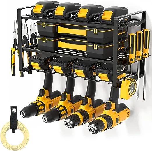 POKIPO Power Tool Organizer Wall Mount, Heavy Duty Drill Holder, Garage Tool Organizer and Storage, Suitable Tool Rack for Tool Room, Workshop, Garage, Utility Storage Rack for Cordless Drill (4 Tier)