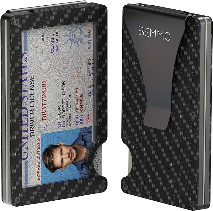 Bemmo Carbon Fiber Card Holder Wallet With Money Clip | Slim Minimalist Wallet For Men With Show ID Window | Stylish ID Holder Great Gift Idea