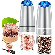 Rongyuxuan Gravity Salt and Pepper Mill Set, Pepper Grinder with Ceramic Rotor, Acrylic Container,Stainless Steel Middle, Blue LED Light,Ba