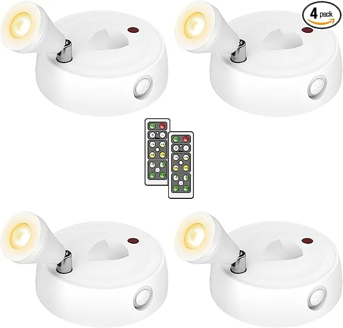 Olafus Spot Lights Indoor 4 Pack, Wireless Spotlight Battery Operated, Dimmable LED Accent Light with Remote, 4000K Neutral White Small Uplights Battery Mini Spotlights for Display Painting Closet