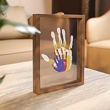 Kit de huellas de manos familiares, marco de madera de recuerdo para manualidades, juego de regalo sin fin, pinturas no tóxicas, hojas transparentes (marrón)