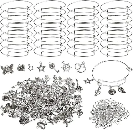 Charm Bracelet Making Kit,UPINS 30Pcs Silver Expandable Blank Bracelets Adjustable Wire Bangles with 100Pcs Tibetan Silver Charms, 200Pcs Open Jump Rings for Jewelry Making