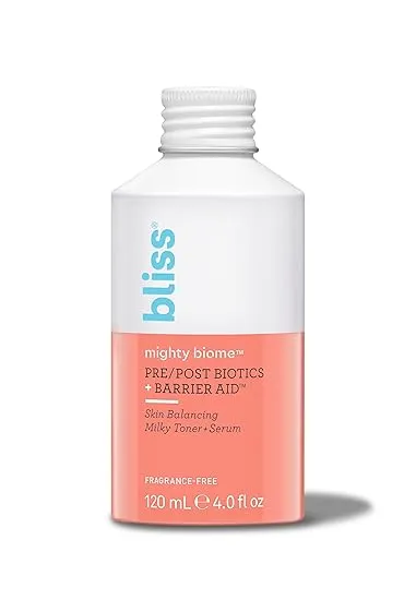 Bliss Mighty Biome Skin Balancing Milky Toner + Serum - 4 Fl Oz - Pre & Post Biotics Formula + Barrier Aid Complex with Ceramides & Squalane - Radiant Complexion - Clean - Vegan & Cruelty-Free