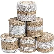 6 Rolls 2 Inch Width Natural Jute Burlap Ribbon with White Lace for Wedding Decoration