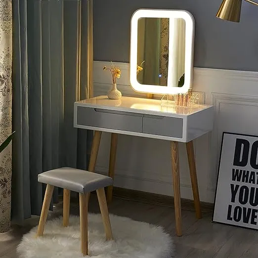 ARTETHYS Vanity Table Set with Adjustable Brightness Mirror and Cushioned Stool