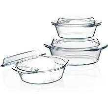 Clear Round Glass Casserole Dish With Lid Lidded Glass Casseroles Bakeware with Glass Lid, Glass Casserole Bowl (Set of 3-0.65L+1L+1.4L)