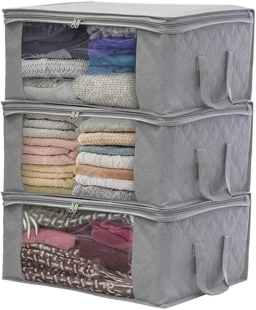 Sorbus Foldable Storage Bag Organizers, Large Clear Window & Carry Handles, Great for Clothes, Blankets, Closets, Bedrooms, and more (3-Pack, Gray)