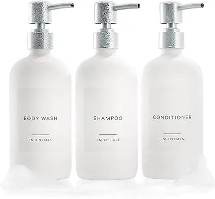 Stylish Shampoo and Conditioner Dispenser Set of 3 - Modern 21oz Shower Soap Bottles with Pump and Labels - Easy to Refill Body Wash Dispensers for