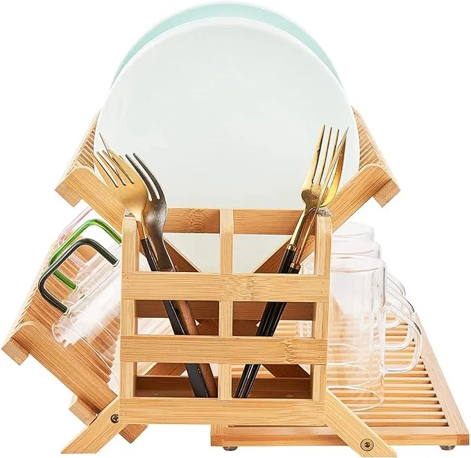 Bamboo Dish Drying Rack, 3 Tier Collapsible Wooden Dish Drying Rack with Utensil Holder, Plate Rack Holder for Kitchen Counter, Large Folding Drying Holder, Dish Drainer