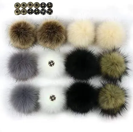 12pcs DIY Faux Fur Snap Pompoms Ball Mixed Color Fluffy Pompom with Press Button Removable for Knitting Hats Scarves Shoes Bag Charms Accessories